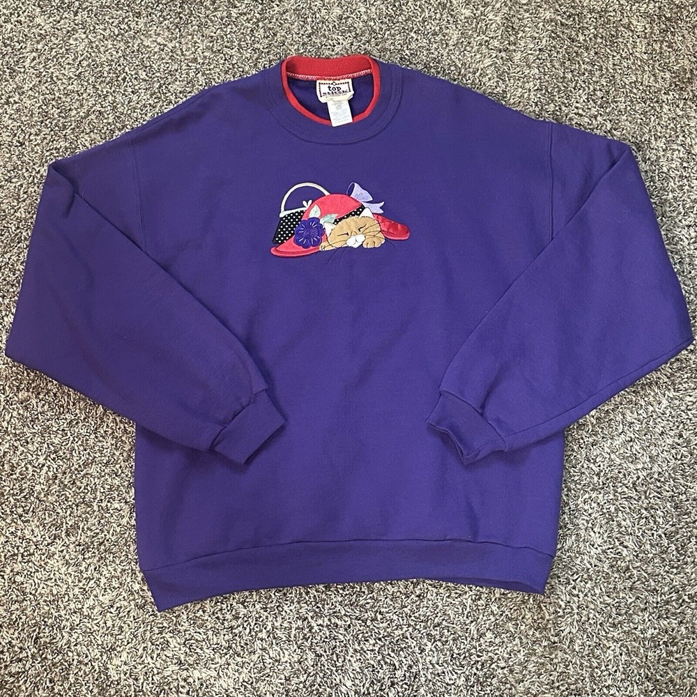 Vintage Cat Sleepy Hat Purse Sweatshirt Purple Top Stitch Size Large Pullover